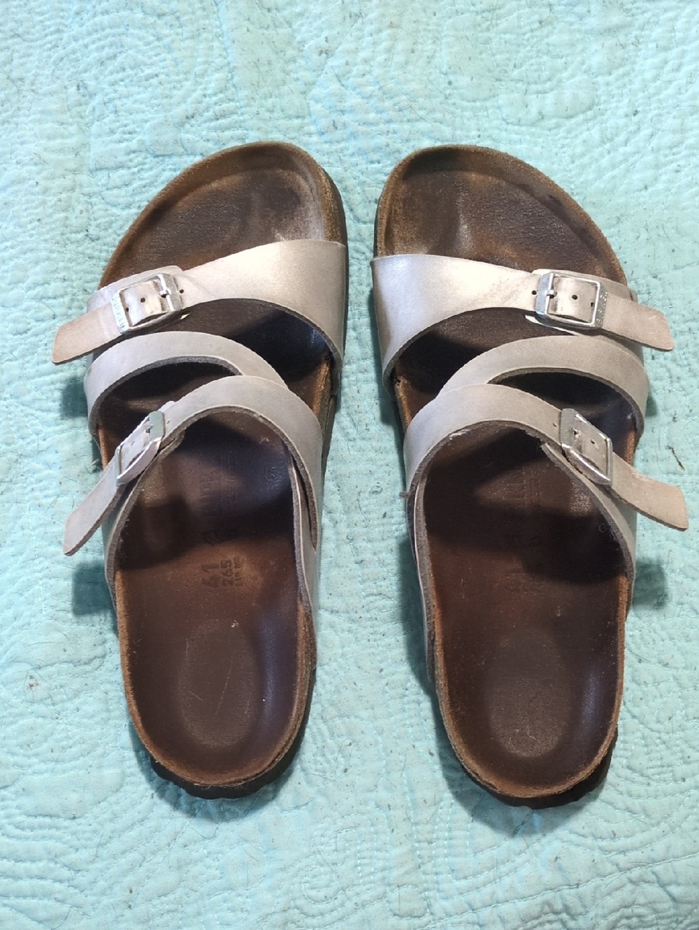Silver Birkenstock Three-Strap Women’s Slide Sandals